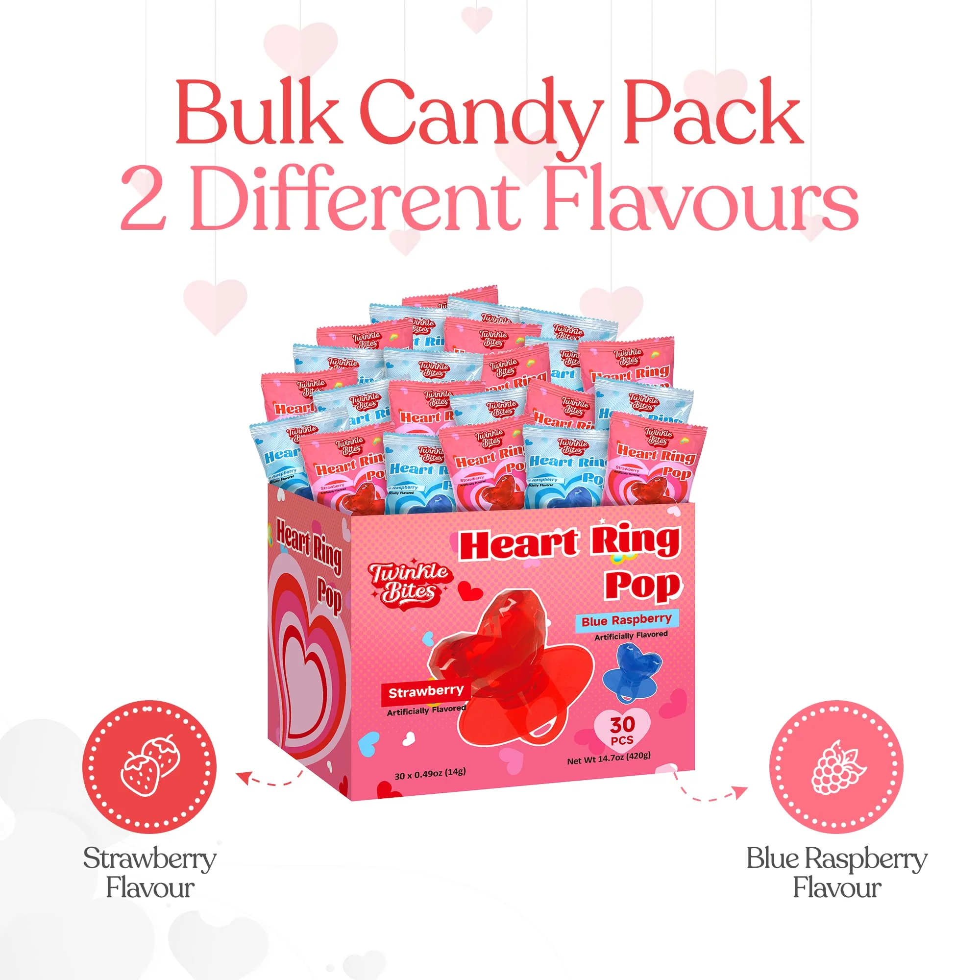 30 Pack Valentines Day Candy – Individually Wrapped Holiday Themed Lollipops – Strawberry, Blue Raspberry Delicious Flavors - Image 2