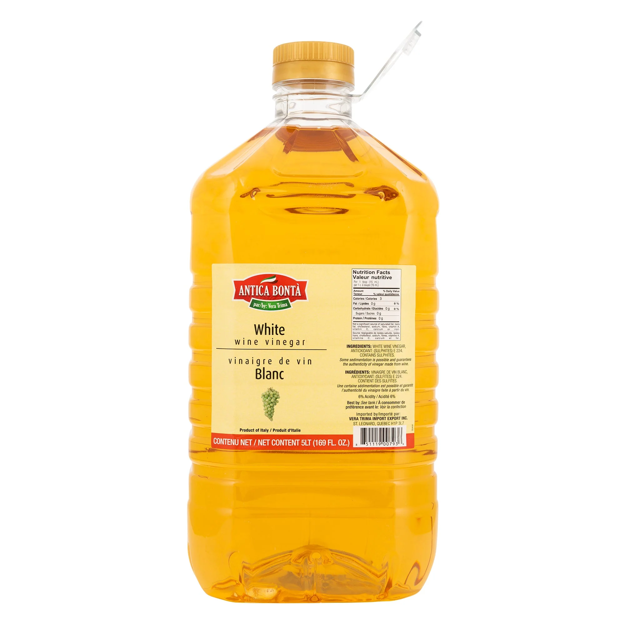 Antica BontĂ White Wine Vinegar - 4 x 5 L - Grocery and Food Items - Canadian Distribution - Ships Free Within Canada on Orders Above CAD $199