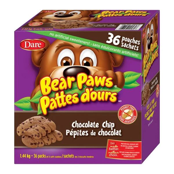 Bear Paws Chocolate Chip - 4 Cases x 36 Packs - Dare - Canadian Distribution - Ships Free Within Canada on Orders Above CAD $199