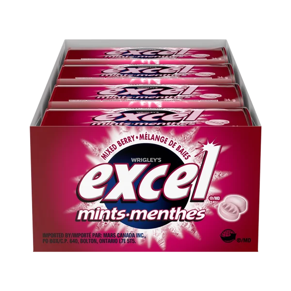 Berry Mints - 4 Cases x 8 Packs x 34 g - Excel - Canadian Distribution - Ships Free Within Canada on Orders Above CAD $199