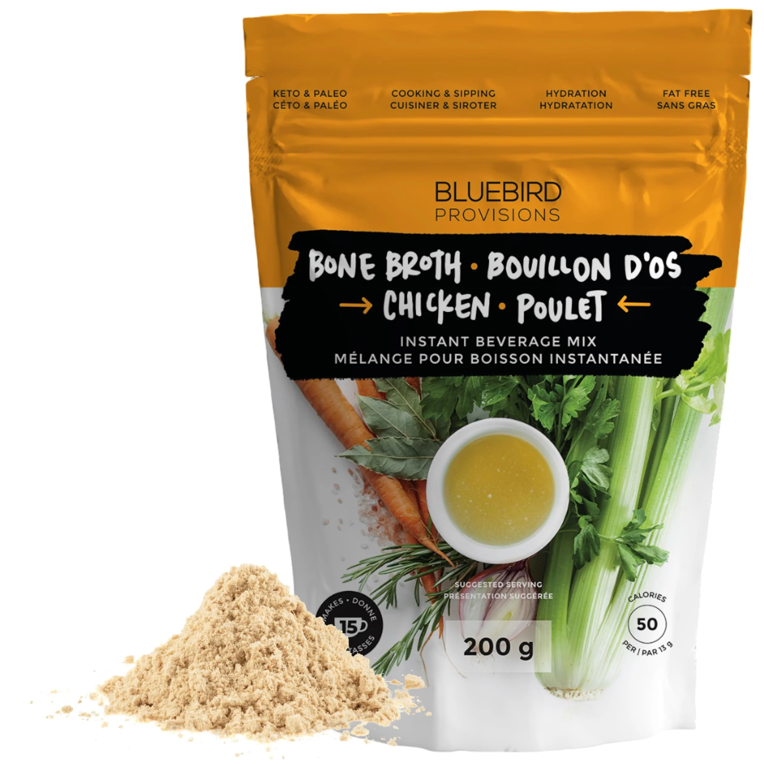 Bluebird Provisions โ Chicken Bone Broth Powder โ Original โ Low sodium - Canadian Distribution - Ships Free Within Canada on Orders Above CAD $199