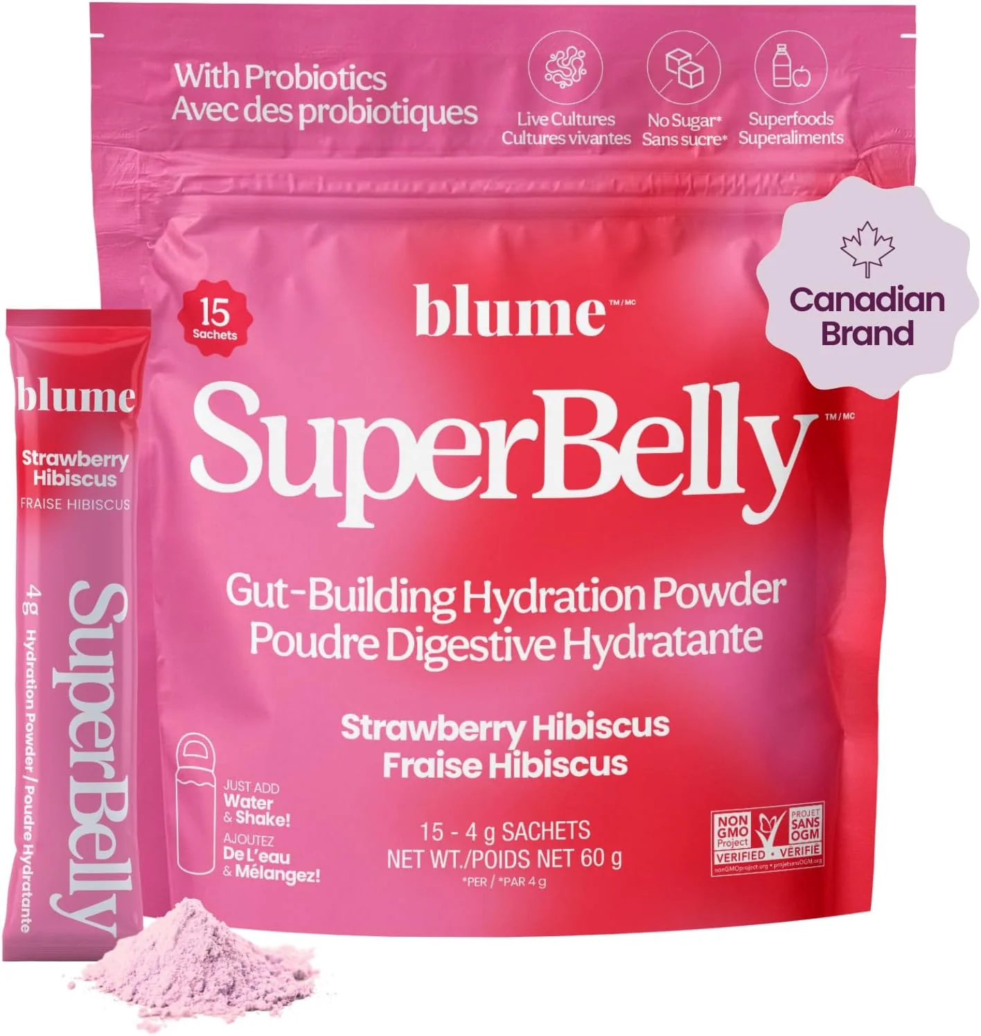Blume โ SuperBelly Hydration Packets โ Strawberry Hibiscus โ 15 Sticks โ Ships Free Within Canada on Orders Above CAD $199