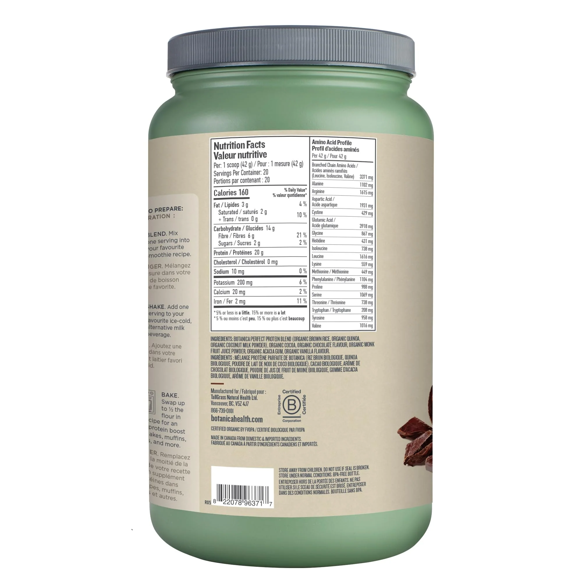Botanica โ Perfect Protein Powder โ Chocolate โ 840g โ Vegan stevia free - Canadian Distribution - Ships Free Within Canada on Orders Above CAD $199 - Image 7