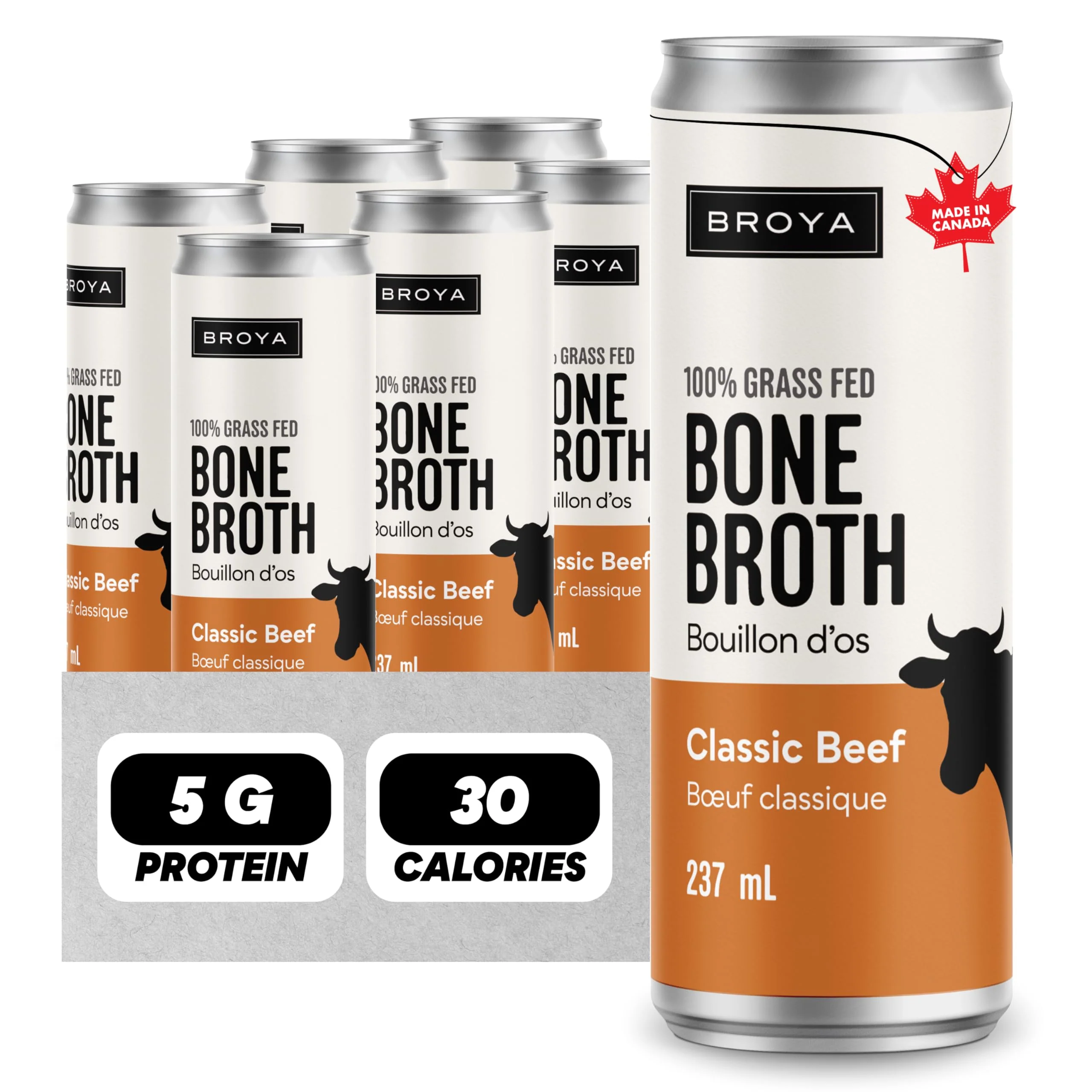 BROYA โ Bone Broth โ Classic Beef โ 6 ร 237mL โ Grass-Fed - Canadian Distribution - Ships Free Within Canada on Orders Above CAD $199
