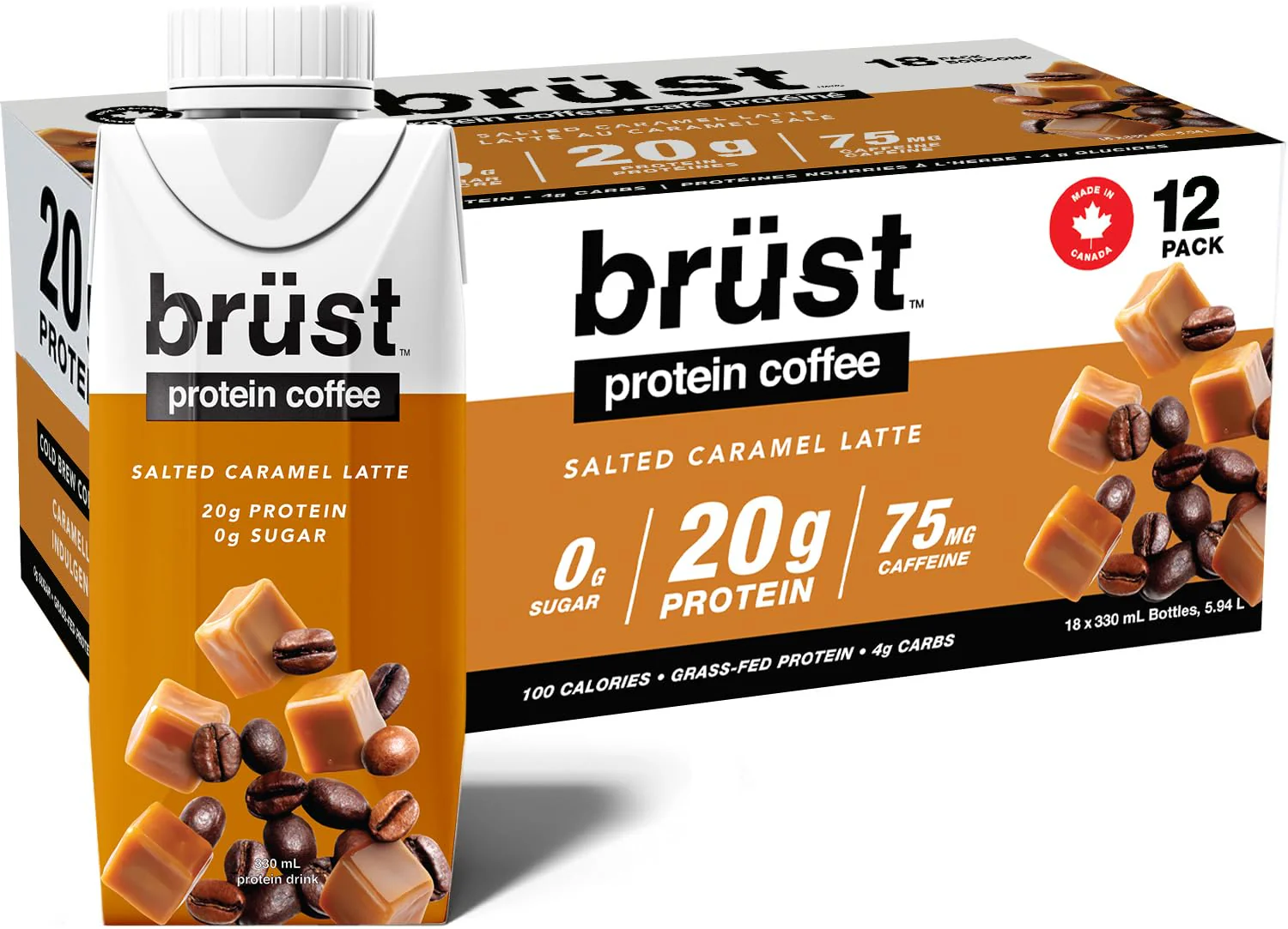 Brüst – Protein Coffee – Salted Caramel Latte – 330mL x 12 - Canadian Distribution - Ships Free Within Canada on Orders Above CAD $199