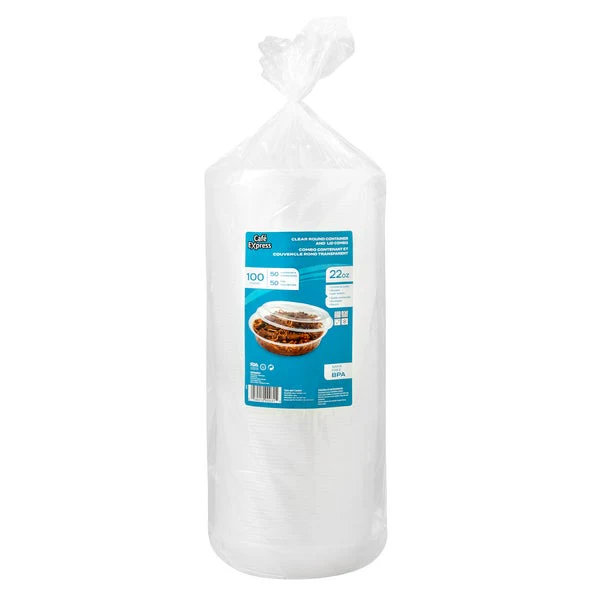 Café Express 22-oz Round Containers with Lids - Pack of 50 - Disposables, Restaurant Packaging and Take-Out Supplies - Canadian Distribution - Ships Free Within Canada on Orders Above CAD $199