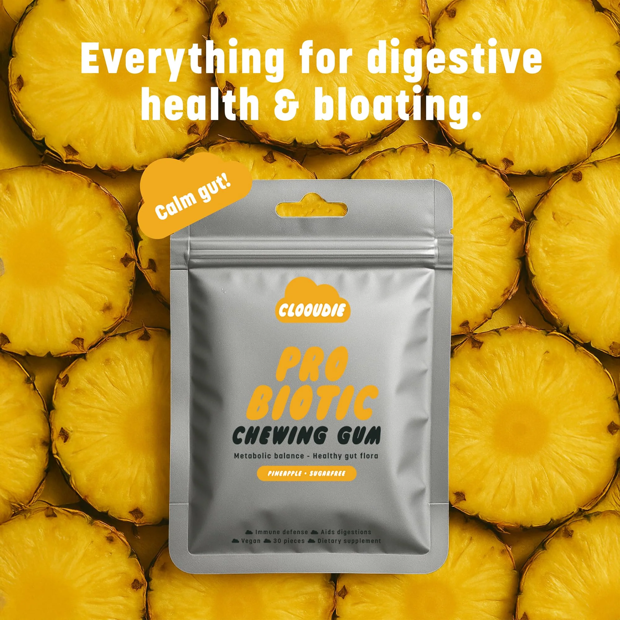 Clooudie Pro Biotic Chewing Gum - Pineapple Flavor - Vegan, Sugar Free - 30 Pieces - Canadian Distribution - Ships Free Within Canada on Orders Above CAD $199 - Image 7