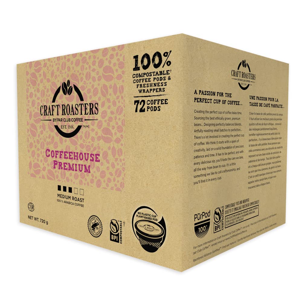Club Coffee – Craft Roasters Coffeehouse – Medium Roast Pods – 72 Compostable K Cups - Canadian Distribution - Ships Free Within Canada on Orders Above CAD $199