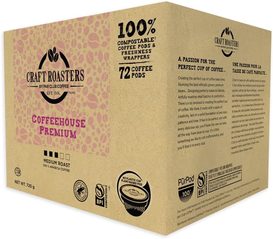Club Coffee Craft Roasters | Coffeehouse Premium | Medium Roast Single Serve Coffee Pods | 72 Count | Compostable Coffee Pods | Keurig Brewer Compatible | Rainforest Alliance Certified - Ships Free Within Canada on Orders Above CAD $199