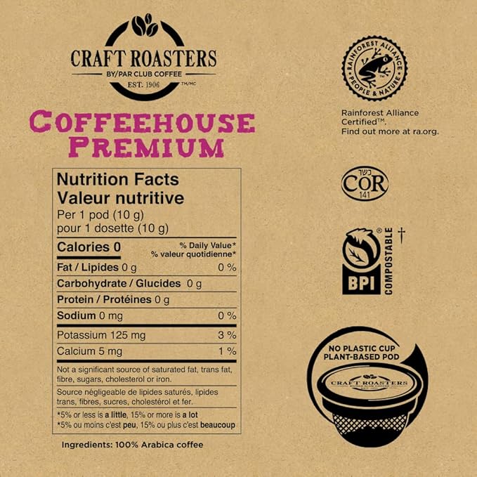 Club Coffee Craft Roasters | Coffeehouse Premium | Medium Roast Single Serve Coffee Pods | 72 Count | Compostable Coffee Pods | Keurig Brewer Compatible | Rainforest Alliance Certified - Ships Free Within Canada on Orders Above CAD $199 - Image 2