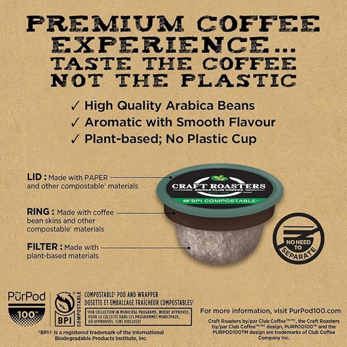 Club Coffee Craft Roasters | Coffeehouse Premium | Medium Roast Single Serve Coffee Pods | 72 Count | Compostable Coffee Pods | Keurig Brewer Compatible | Rainforest Alliance Certified - Ships Free Within Canada on Orders Above CAD $199 - Image 4