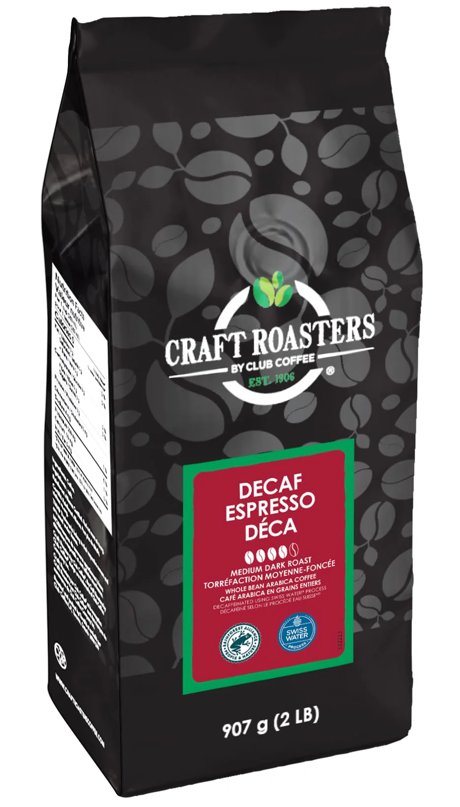Club Coffee โ Craft Roasters โ Espresso Decaf Whole Bean โ 2 lb - Canadian Distribution - Ships Free Within Canada on Orders Above CAD $199
