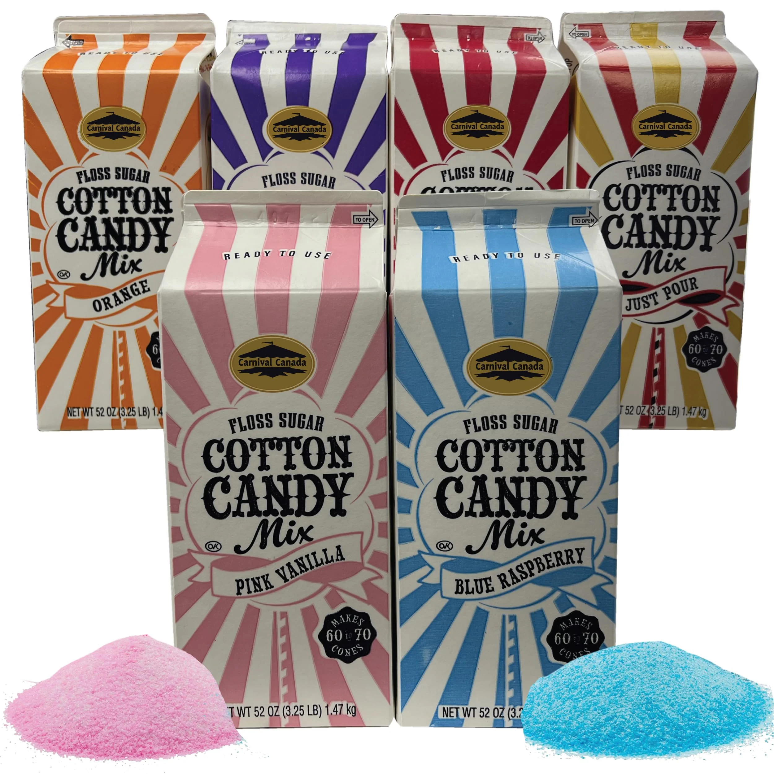 Cotton Candy Floss Sugar โ Floss Sugar โ 6 Flavours โ 6 Pack / 3.25lb โ Makes ~420 Cones - Canadian Distribution - Ships Free Within Canada on Orders Above CAD $199