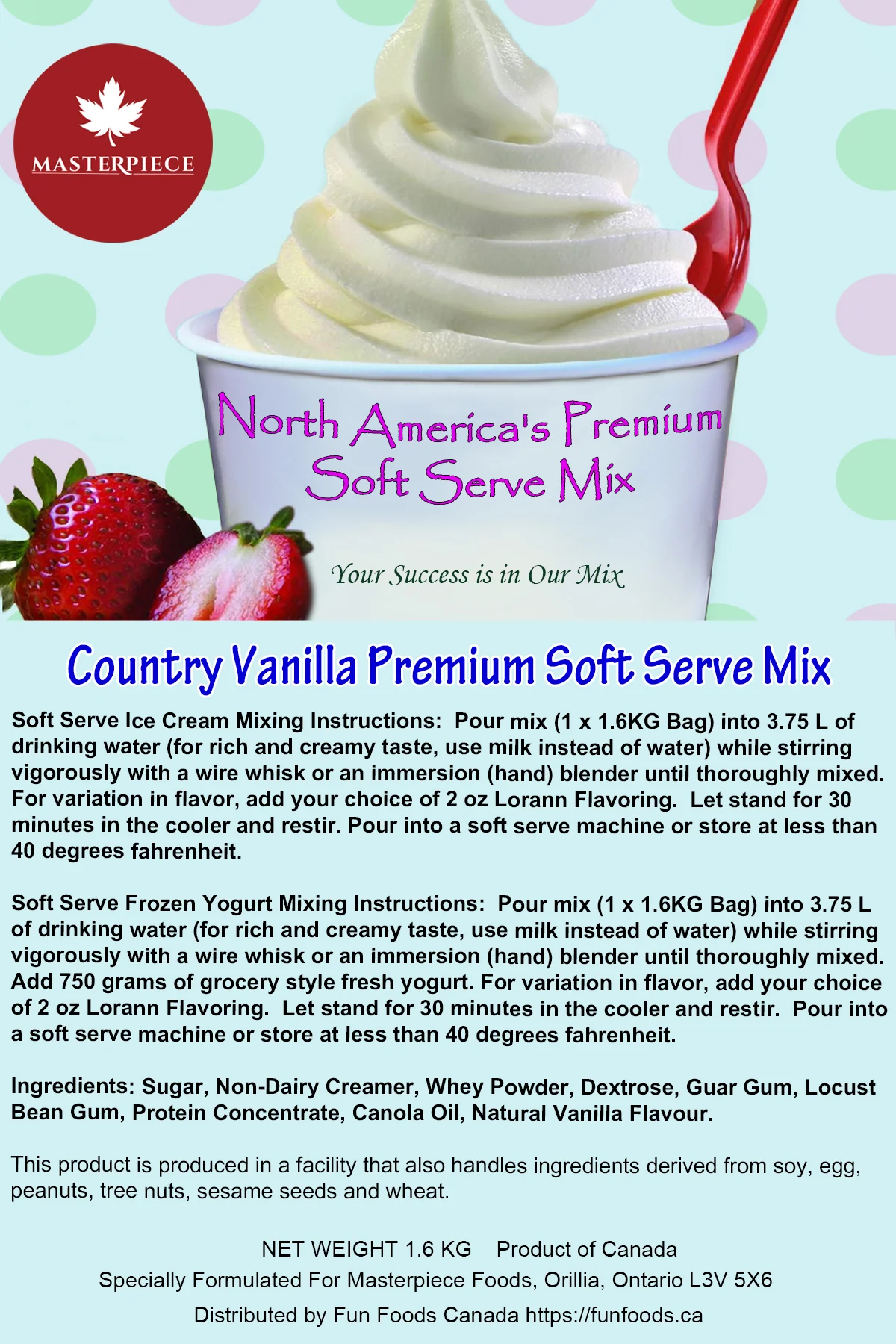 Country Vanilla Premium 3-in-1 Soft Serve Mix - 3.5 Lbs Bag - Case (12 x 3.5lb Bags) - Masterpiece Foods - Made in Canada - Ships Free Within Canada on Orders Above CAD $199