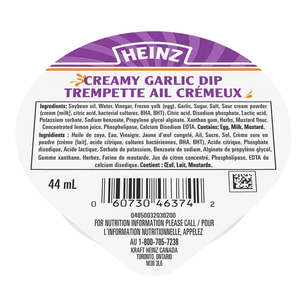 Creamy Garlic Dip - 4 Cases x 100 Packets x 44 mL - Heinz - Canadian Distribution - Ships Free Within Canada on Orders Above CAD $199