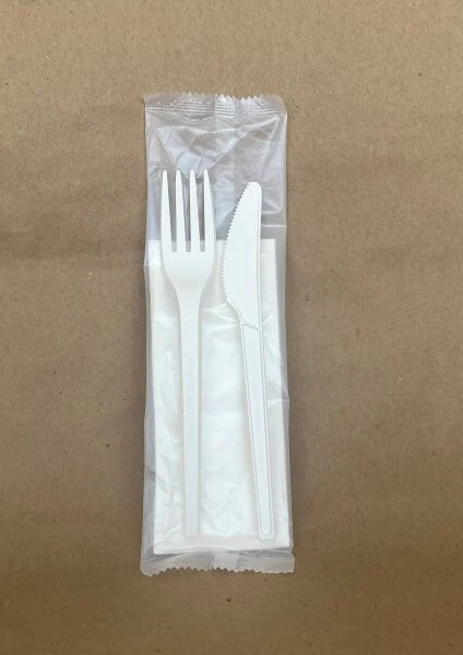 Cutlery set, PLA. Fork/Knife/Napkin/500packs/PLA Bag BPI - Disposable Take Away Food Packaging - Canadian Distribution
