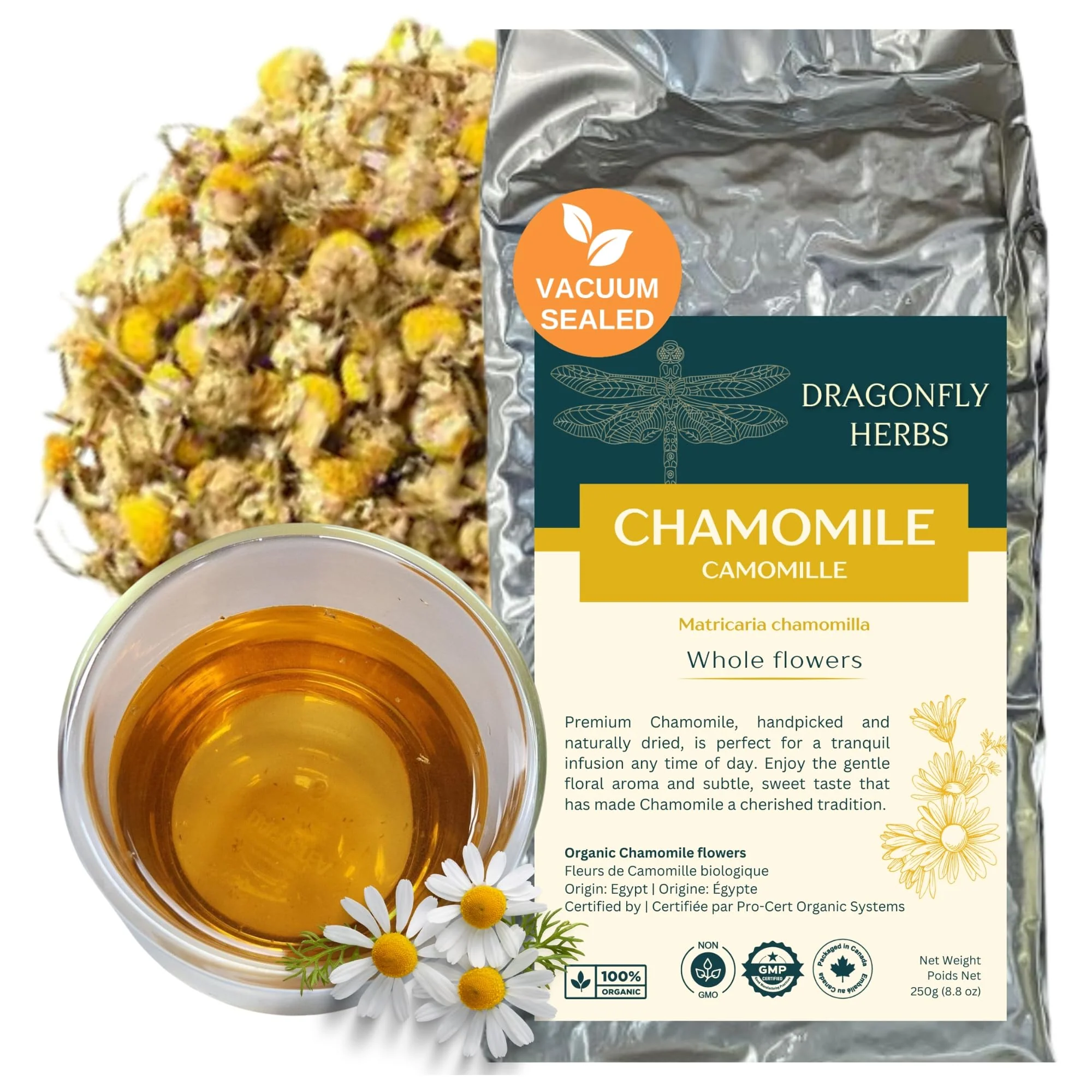 Dragonfly Herbs – Chamomile Tea – Organic Whole Flowers – 250g - Canadian Distribution - Ships Free Within Canada on Orders Above CAD $199