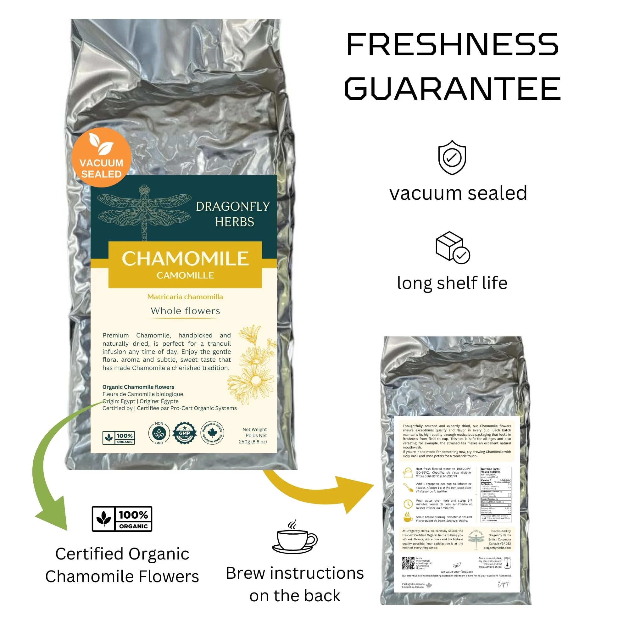 Dragonfly Herbs – Chamomile Tea – Organic Whole Flowers – 250g - Canadian Distribution - Ships Free Within Canada on Orders Above CAD $199 - Image 3