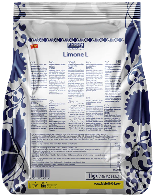 Fabbri Lemon L.G. G 50 (With Stabilizers), Flavoring Powders for Gelato & Pastry, 6 x 1 KG (2.2 lb) - Fabbri Canada