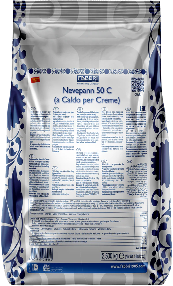 Fabbri Nevepann 50C (Hot Preparation), Base for Gelato and Ice Cream, 8 x 2.5KG (5.5lb) - Fabbri Canada