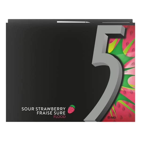 Flood Sour Strawberry Gum - 4 Cases x 10 Packs x 15 sticks - 5 Gum - Canadian Distribution - Ships Free Within Canada on Orders Above CAD $199