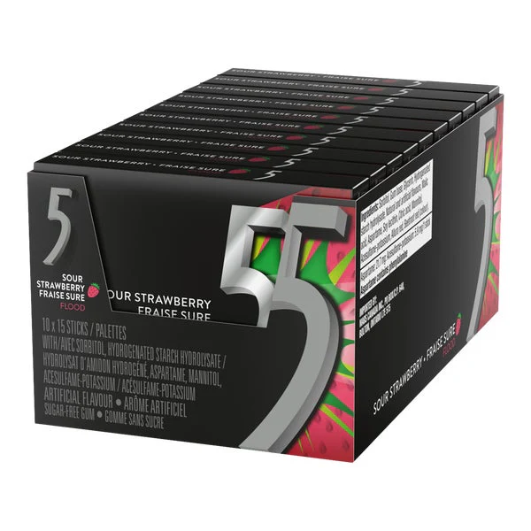 Flood Sour Strawberry Gum - 4 Cases x 10 Packs x 15 sticks - 5 Gum - Canadian Distribution - Ships Free Within Canada on Orders Above CAD $199 - Image 2