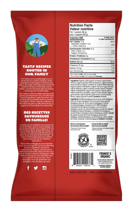 Frankie's Organic BBQ Puff Chips – 36-Pack Case – Vegan, Gluten-Free, Non-GMO, Sprouted Protein – Organic, Kosher - Canadian Distribution - Ships Free Within Canada on Orders Above CAD $199 - Image 2
