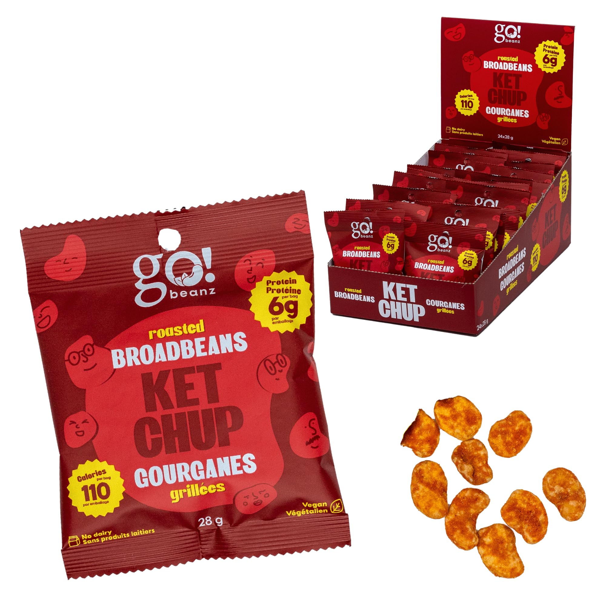 GoBeanz โ Crunchy Broad Beans โ Ketchup โ 24 ร 28 g - Canadian Distribution - Ships Free Within Canada on Orders Above CAD $199