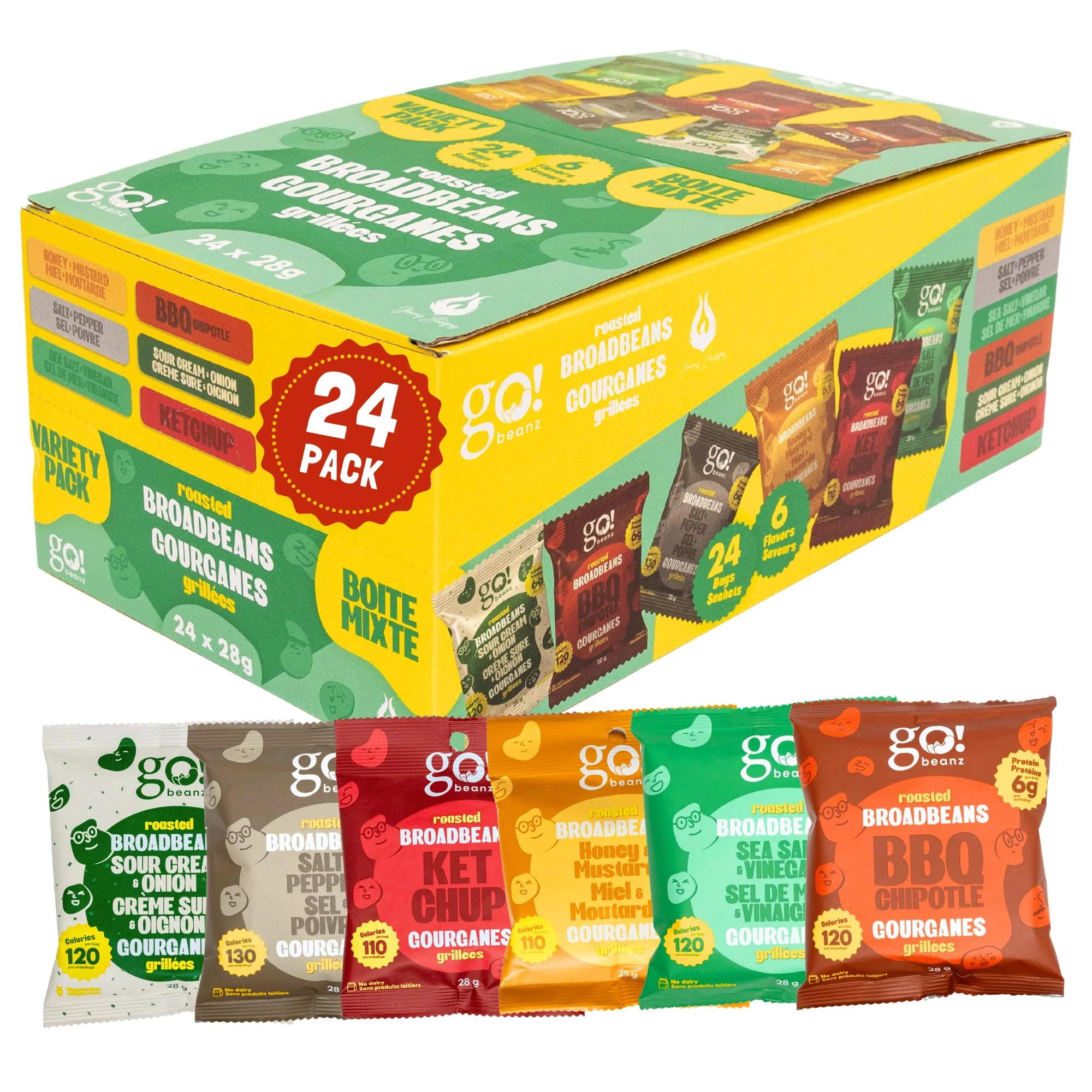 GoBeanz – Crunchy Roasted Broad Beans – Variety Pack – 24 × 28g - Canadian Distribution - Ships Free Within Canada on Orders Above CAD $199