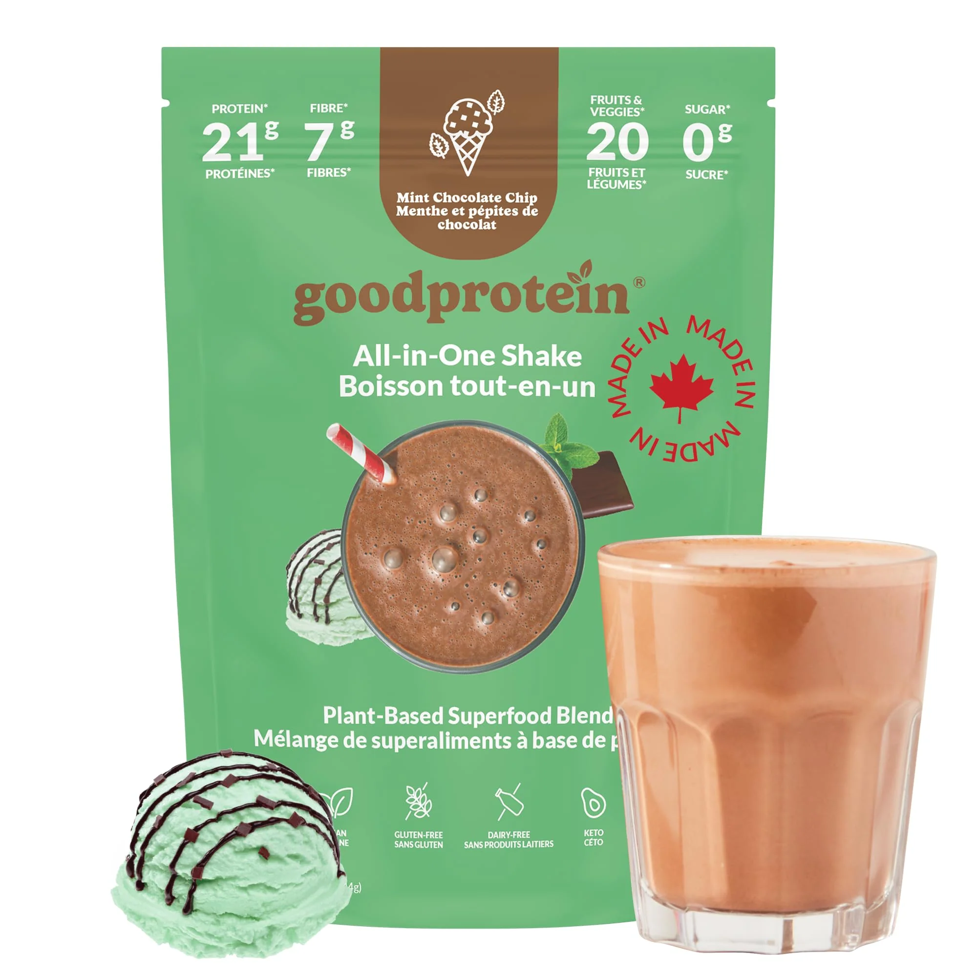 Good Protein - Mint Chocolate Chip - Vegan Plant-Based Protein Powder - 440g - Canadian Distribution - Ships Free Within Canada on Orders Above CAD $199