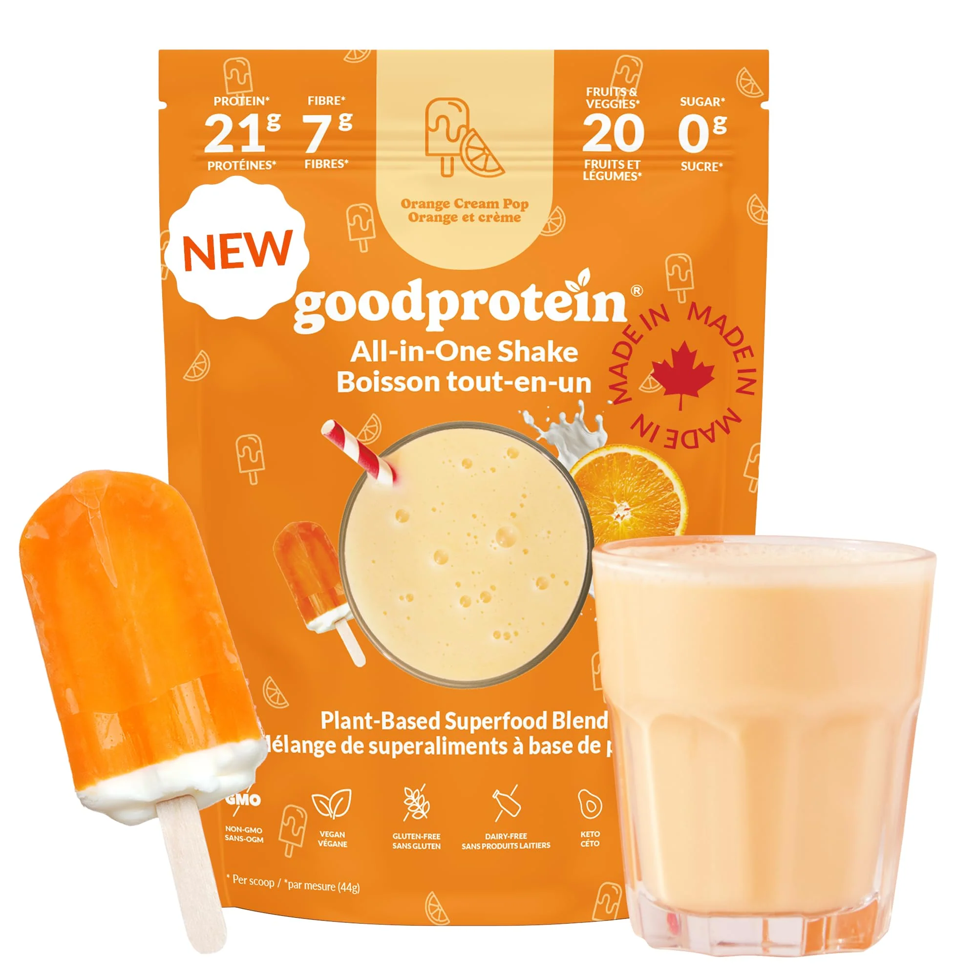 Good Protein – Vegan All-in-One Protein Shake – Orange Cream Pop – 880g - Canadian Distribution - Ships Free Within Canada on Orders Above CAD $199