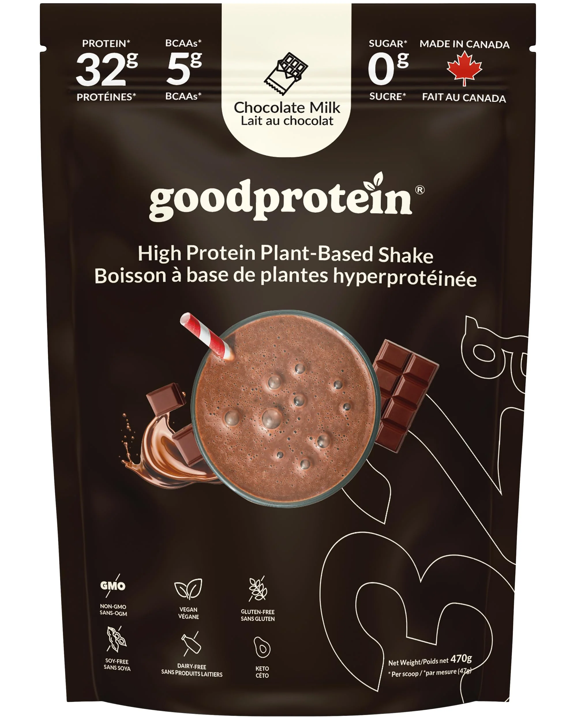 Good Protein โ Vegan High Protein Powder โ Chocolate Milk โ 470 g - Canadian Distribution - Ships Free Within Canada on Orders Above CAD $199