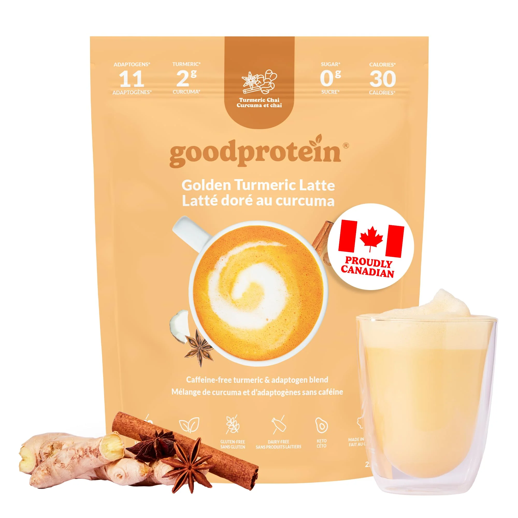 GoodProtein โ Golden Turmeric Latte โ 225 g โ 30 Servings - Canadian Distribution - Ships Free Within Canada on Orders Above CAD $199