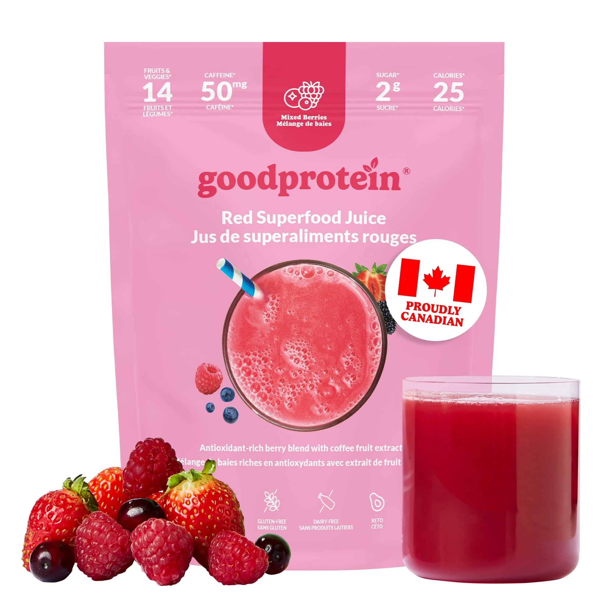 GoodProtein – Red Superfood Juice Powder – Mixed Berries – 225 g - Canadian Distribution - Ships Free Within Canada on Orders Above CAD $199