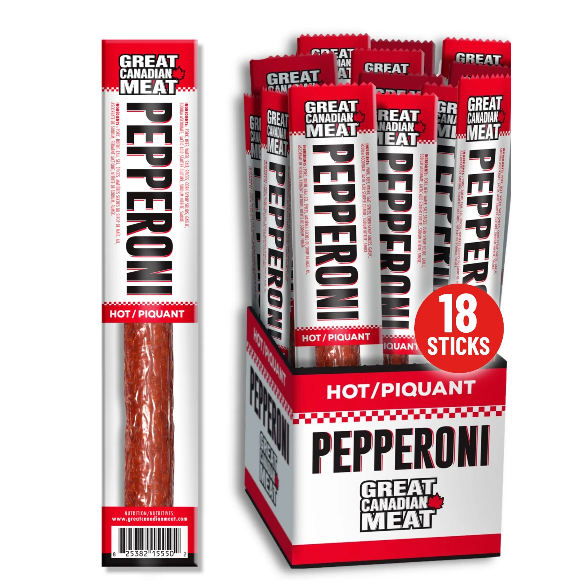 Great Canadian Meat โ Pepperoni Sticks โ Hot โ 18 ร 22g โ High protein snack - Canadian Distribution - Ships Free Within Canada on Orders Above CAD $199
