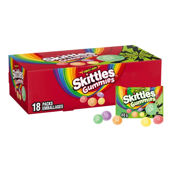 Gummies Sour - 4 Cases x 18 Packs x 48 g - Skittles - Canadian Distribution - Ships Free Within Canada on Orders Above CAD $199