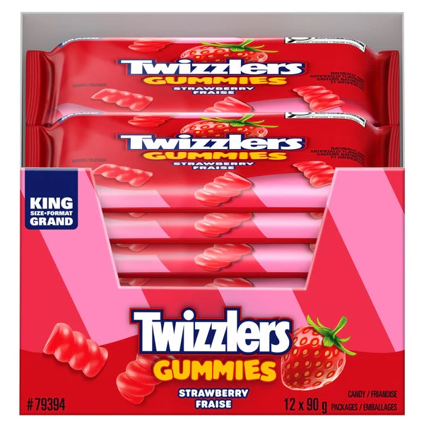 Gummies Strawberry King Size - 4 Cases x 12 Packs x 90 g - Twizzlers - Canadian Distribution - Ships Free Within Canada on Orders Above CAD $199