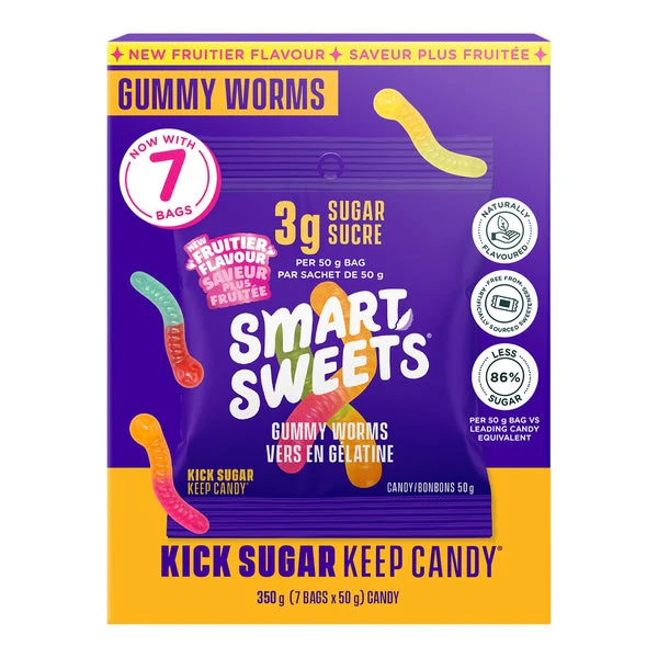 Gummy Worms - 4 Cases x 7 Packs x 50 g - Smart Sweets - Canadian Distribution - Ships Free Within Canada on Orders Above CAD $199