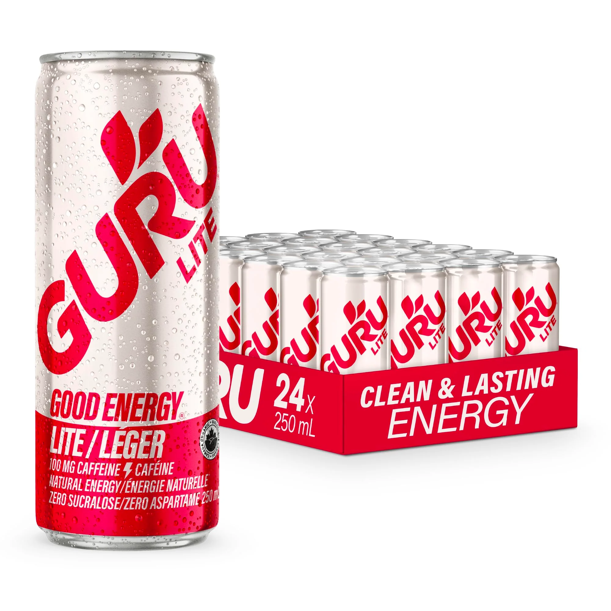 GURU โ Lite Organic Energy Drink โ Plant-Based Caffeine โ 250mL x 24 - Canadian Distribution - Ships Free Within Canada on Orders Above CAD $199