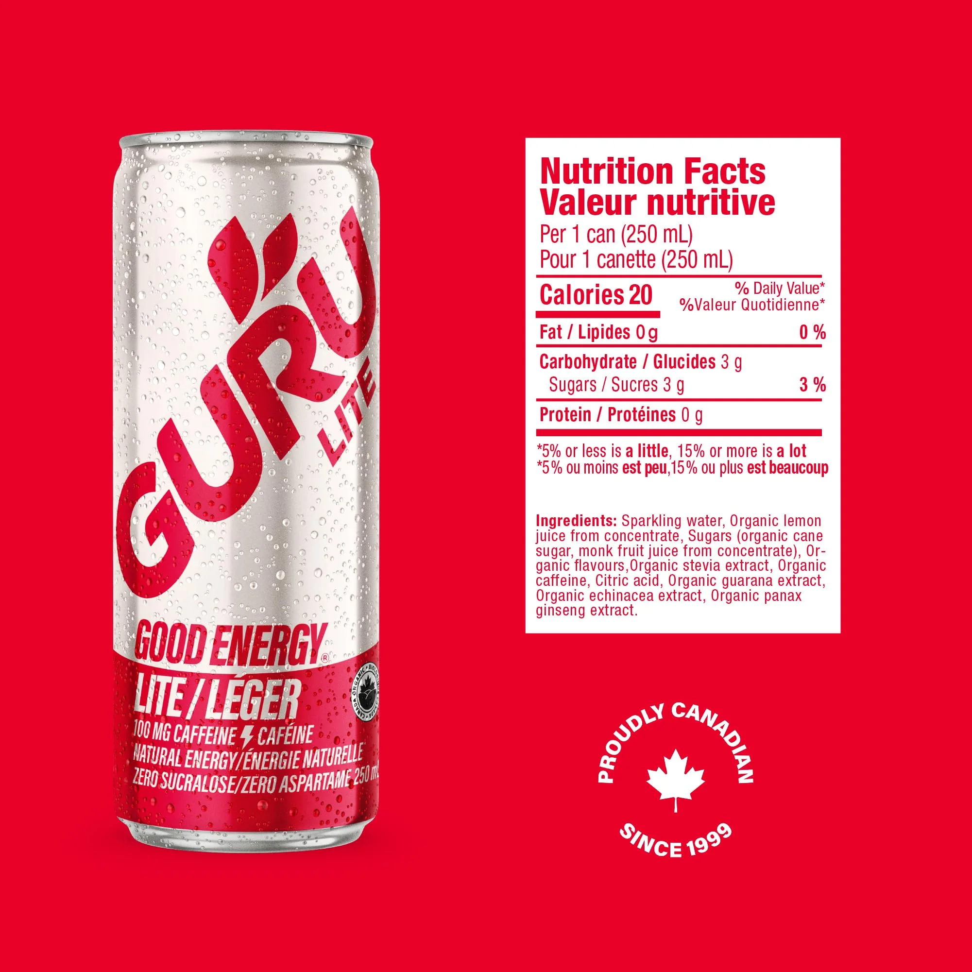 GURU โ Lite Organic Energy Drink โ Plant-Based Caffeine โ 250mL x 24 - Canadian Distribution - Ships Free Within Canada on Orders Above CAD $199 - Image 2