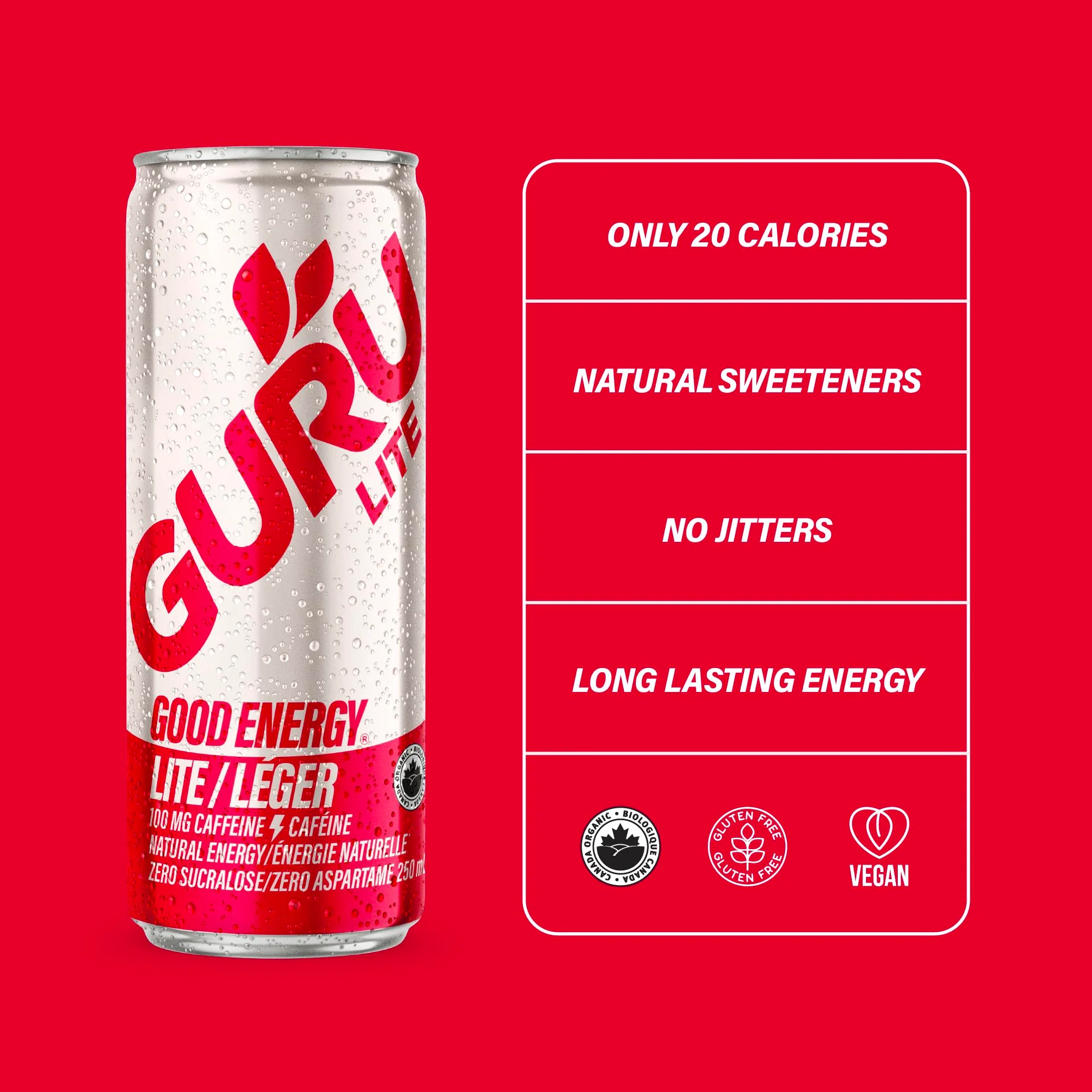 GURU โ Lite Organic Energy Drink โ Plant-Based Caffeine โ 250mL x 24 - Canadian Distribution - Ships Free Within Canada on Orders Above CAD $199 - Image 4