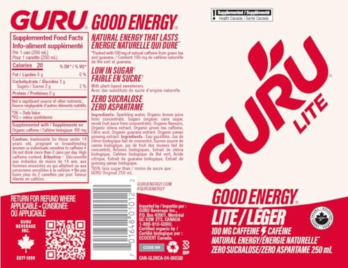 GURU โ Lite Organic Energy Drink โ Plant-Based Caffeine โ 250mL x 24 - Canadian Distribution - Ships Free Within Canada on Orders Above CAD $199 - Image 8