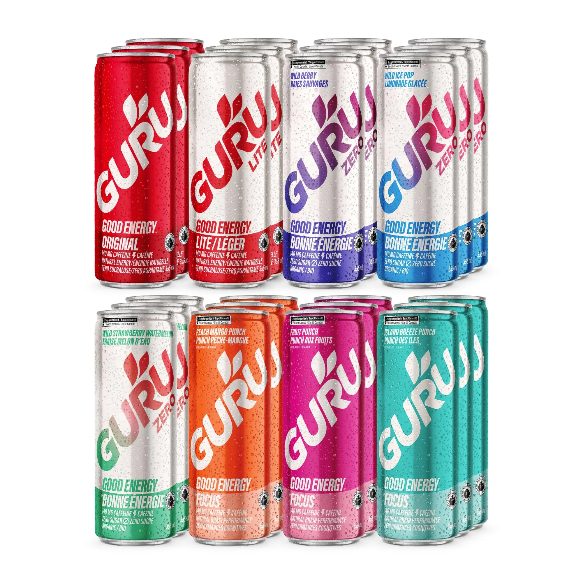 GURU – Organic Energy Drinks – Variety Pack – 24 × 355 ml – 140mg Caffeine - Canadian Distribution - Ships Free Within Canada on Orders Above CAD $199