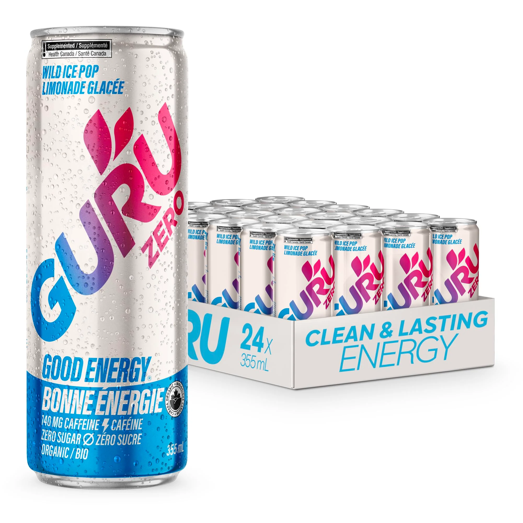 GURU โ Zero Sucre Organic Energy Drink โ Wild Ice Pop โ 24 ร 355mL โ Zero sugar - Canadian Distribution - Ships Free Within Canada on Orders Above CAD $199
