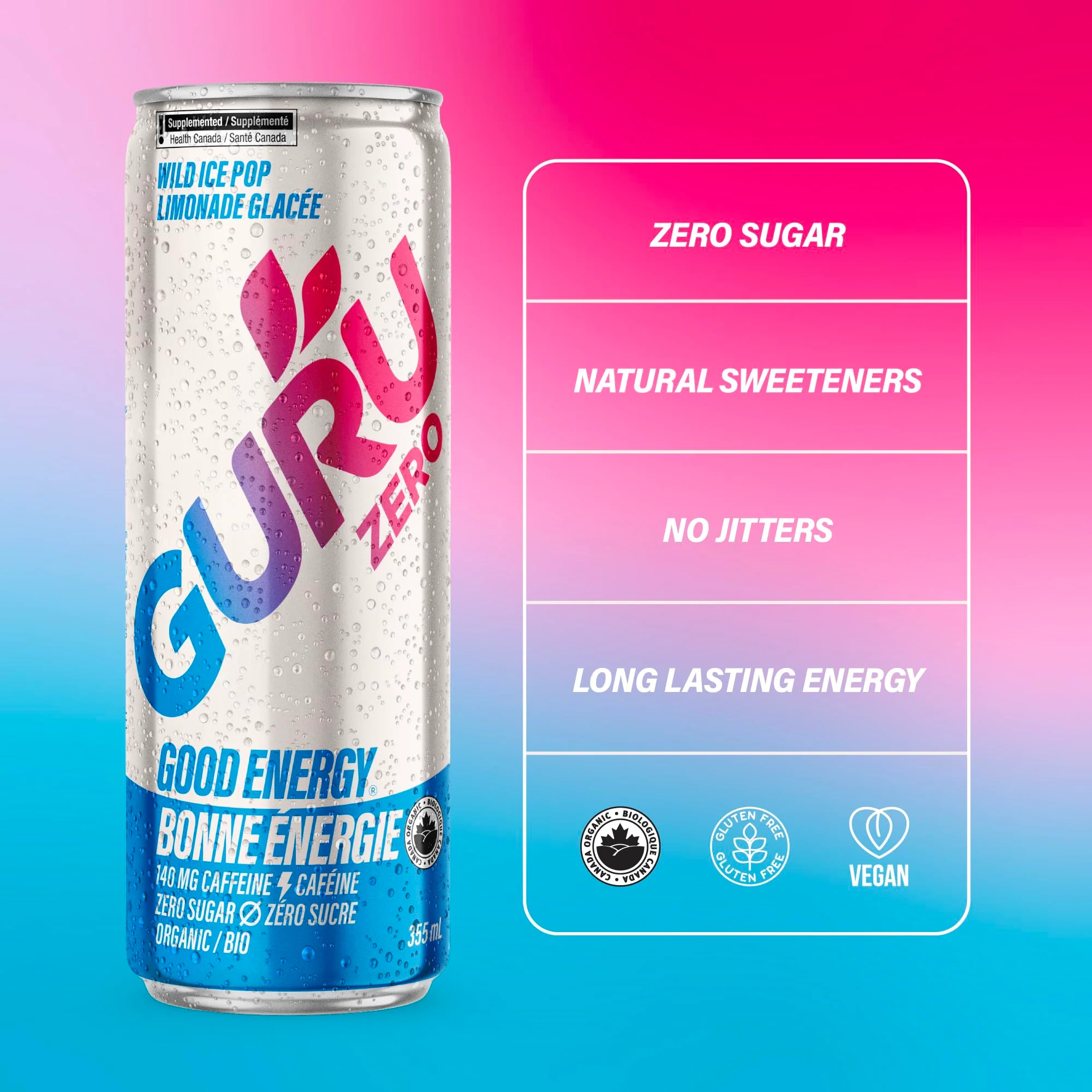 GURU โ Zero Sucre Organic Energy Drink โ Wild Ice Pop โ 24 ร 355mL โ Zero sugar - Canadian Distribution - Ships Free Within Canada on Orders Above CAD $199 - Image 5