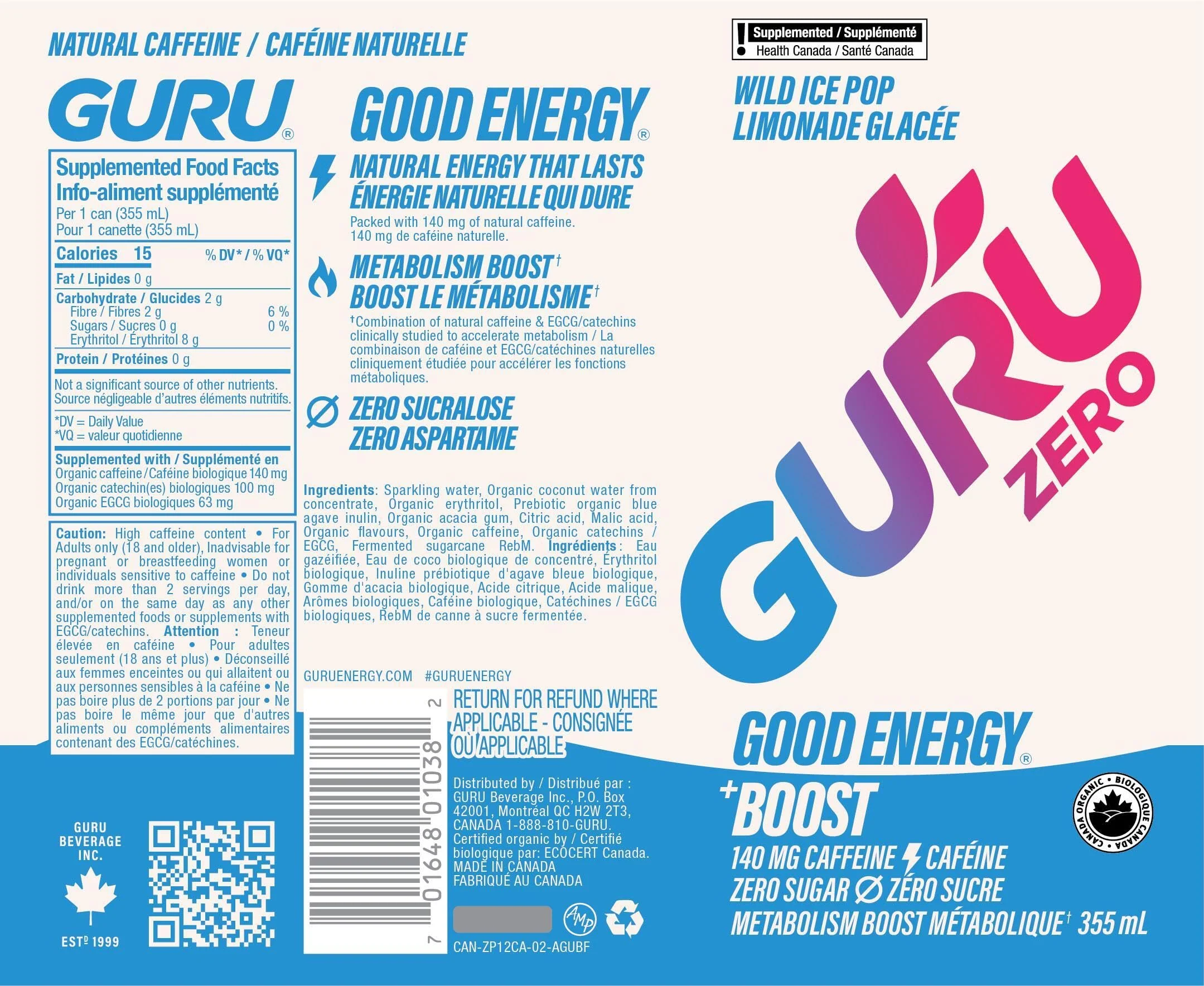 GURU โ Zero Sucre Organic Energy Drink โ Wild Ice Pop โ 24 ร 355mL โ Zero sugar - Canadian Distribution - Ships Free Within Canada on Orders Above CAD $199 - Image 8