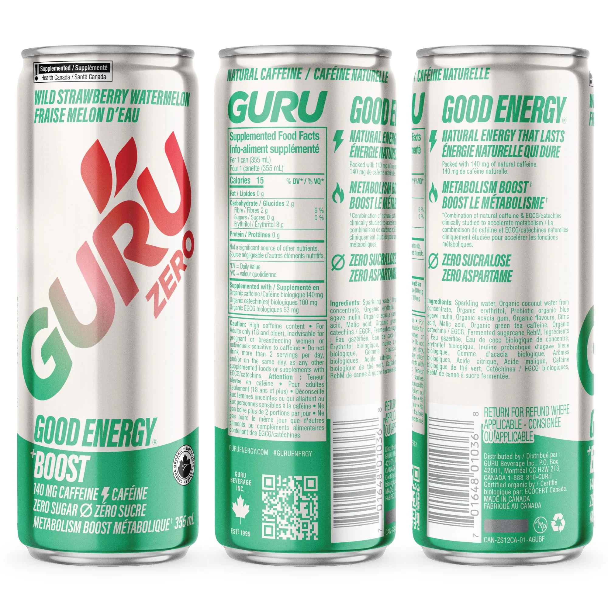 GURU – Zero Sugar Energy Drink – Wild Strawberry Watermelon – 24 × 355 ml - Canadian Distribution - Ships Free Within Canada on Orders Above CAD $199 - Image 2