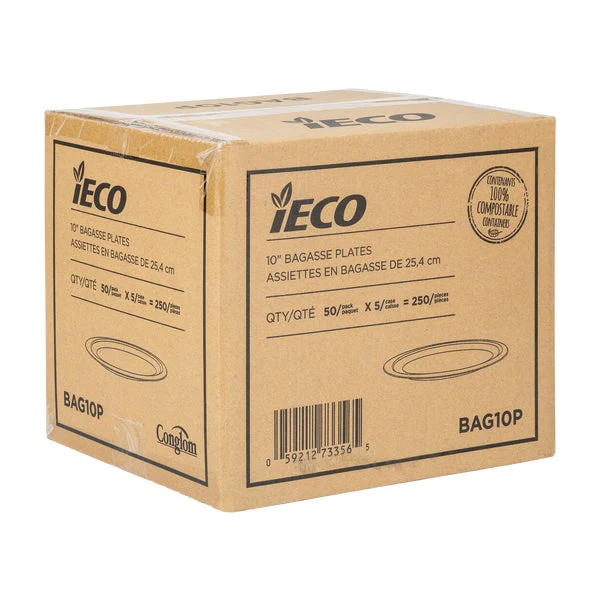 IECO 10-in Bagasse Plates - 5 packs of 50  - Disposables, Restaurant Packaging and Take-Out Supplies - Canadian Distribution - Ships Free Within Canada on Orders Above CAD $199 - Image 2