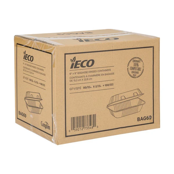 iEco Hinged Bagasse Containers 6 in Ă— 9 in - 2 packs of 50 - Disposables, Restaurant Packaging and Take-Out Supplies - Canadian Distribution - Ships Free Within Canada on Orders Above CAD $199 - Image 3
