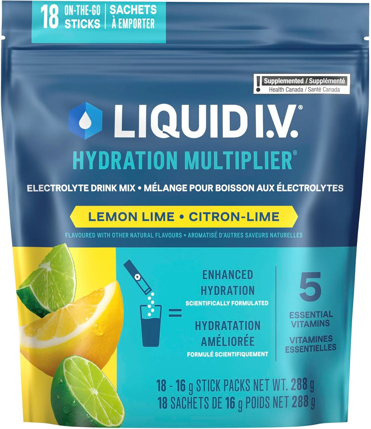 Liquid I.V. – Hydration Multiplier – Lemon Lime – 18 Sticks – Ships Free Within Canada on Orders Above CAD $199